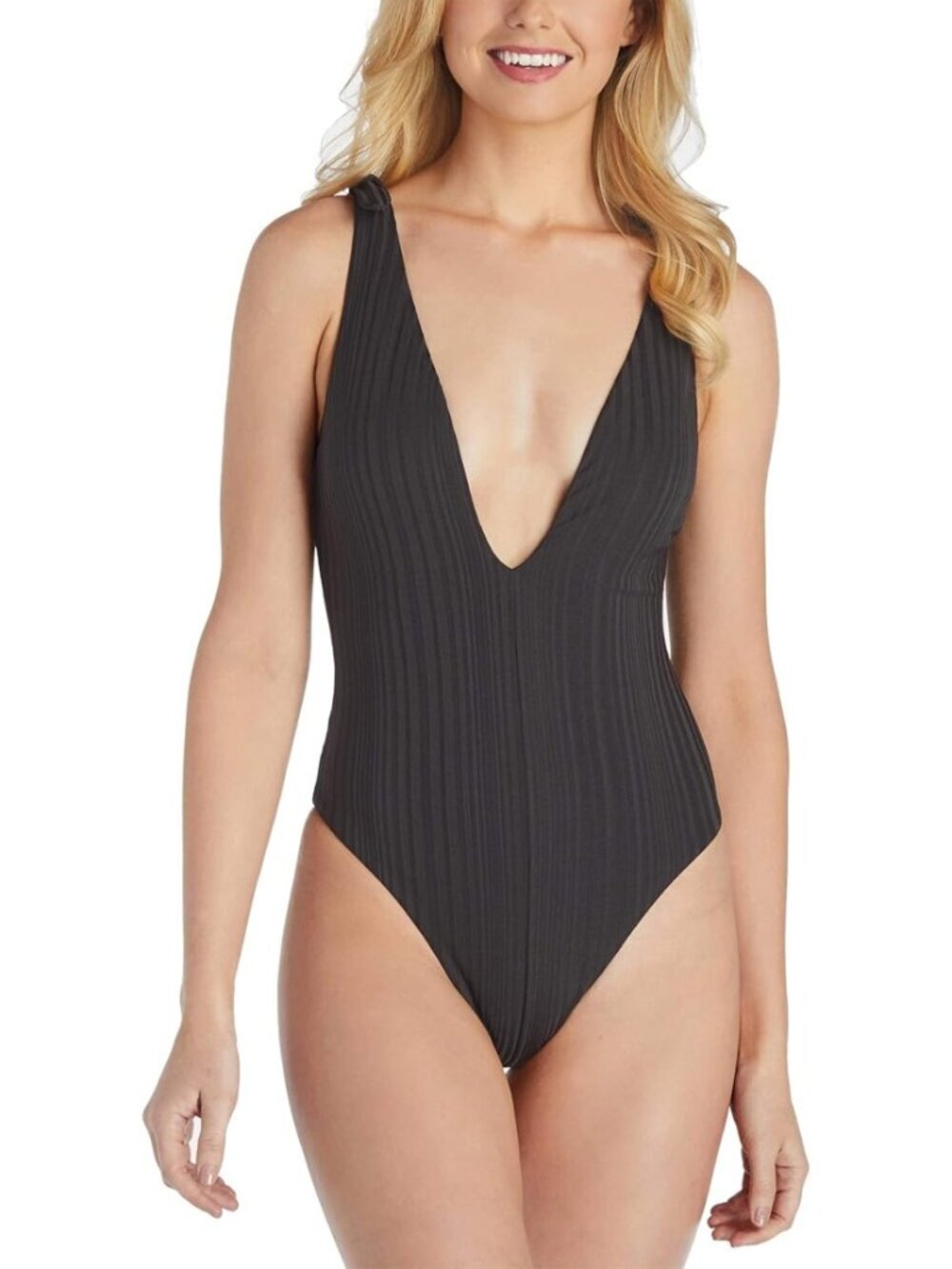 Raisins Womens Black Beach Cove Islamorada Textured Plunging One-Piece Sz S NWT
